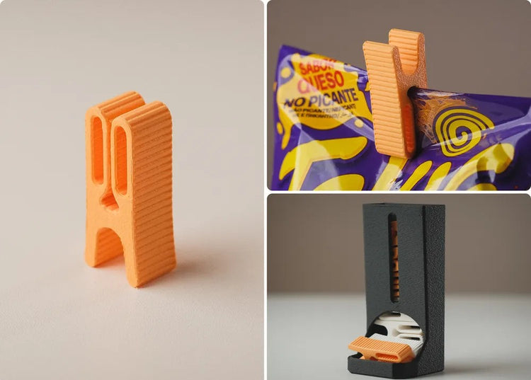 Clip para cerrar bolsas y dispensador para guardar los clips.