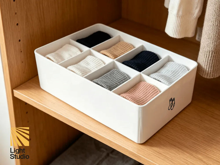 Caja organizadora para calcetines con compartimentos, mostrada con prendas no incluidas.