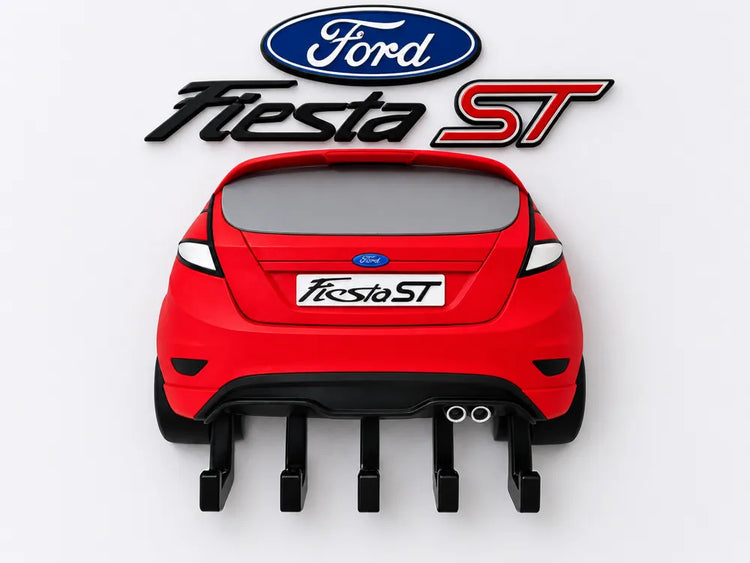 Soporte de pared para llaves con diseño de Ford Fiesta ST rojo y cinco ganchos negros.