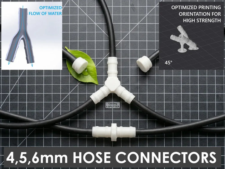 Conectores rectos, divisor en Y y tapones blancos para manguera de riego de 4, 5 y 6 mm